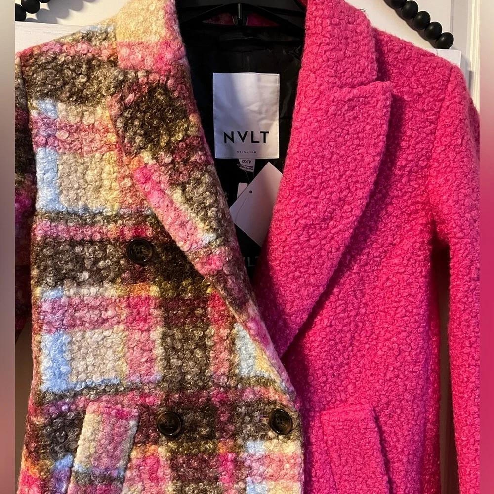 Anthropologie NVLT Plaid Houndstooth Fuchsia Pink Pea Coat Jacket XS 0 2 NWT 💖 - Picture 7 of 13